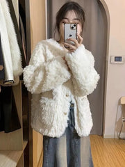 Lunivop Winter Sweet Korean Faux Lamb Coat Women Vintage Warm Thick Long Sleeve Cute Jacket Casual O Neck Pockets Elegant White Tops New