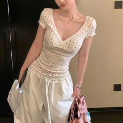 Lunivop  Summer Fashion Lace V Neck Ruffle Short Sleeve Shirts American Subcultural Print Slim Waist Y2k Aesthetic Tops Harajuku Tees
