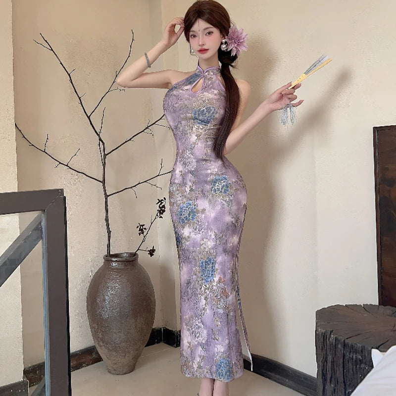 Lunivop  Summer Purple Floral Stand Collar Cheongsam Dress Women Korean Luxury Elegant Dress Gown 2025 Vintage Bodycon Party Night Dress