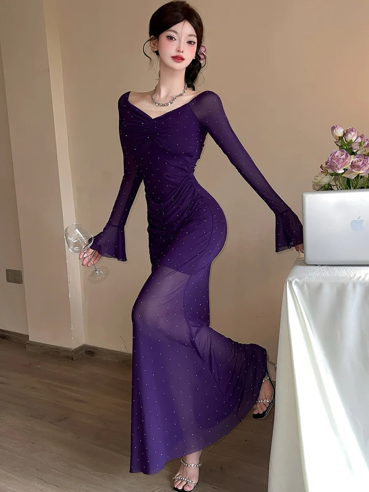 Lunivop  Spring Summer Red Mesh Diamonds Polka Dot Dress Women Long Sleeve Elegant Luxury Dress Gown Korean Vintage Bodycon Vestidos