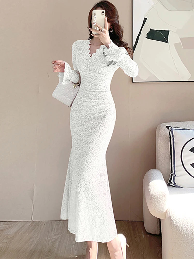 Lunivop  Autumn Winter Pink Lace Hook Flower Hollow Prom Vestidos Women Fashion Bodycon Party Dress and Events Korean Casual Dresses