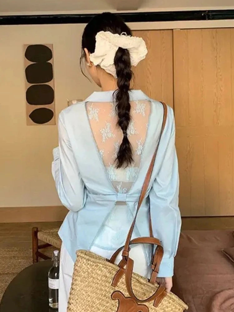 Lunivop Back Lace Hollow Out Shirt Women Elegant Fashion Long Sleeve Design Blouse Korean Sweet Slim Sexy Patchwork Lady White Tops