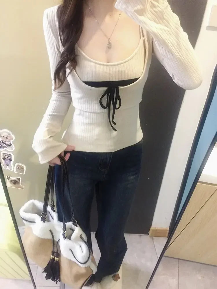 Lunivop Korean Style Sexy T-Shirts Women Sweet Coquette Two Piece Sets Long Sleeve Tops Fashion Aesthetics Patchwork T-Shirts