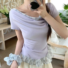 Lunivop  T Shirts Women Plaid Patchwork Swinging Collar Off Shoulder Ruffles Short Sleeve Summer Fashion Sweet Tops Casual Tshirt