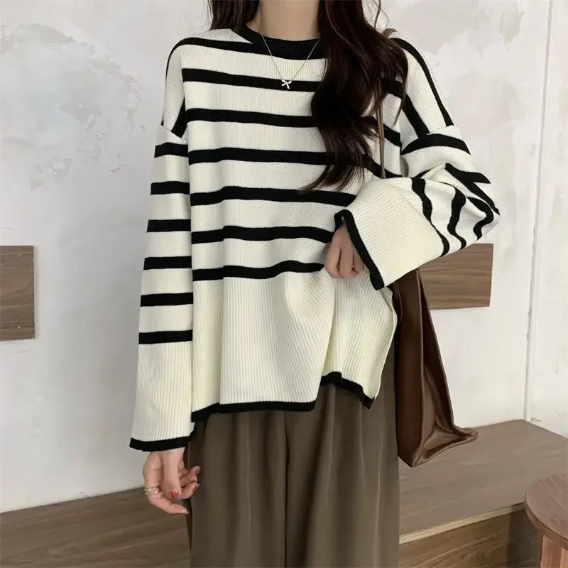 Lunivop Women Striped Sweater Soft Warm Loose-fit O-Neck Long Sleeve Knitted Pullovers Sweater Jumper Autumn Winter Casual Chic Top