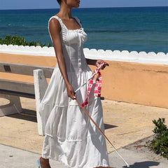 Lunivop   Elegant Square-neck White Maxi Dress Casual Summer Slim Lace Up Sleeveless Dreses 2024 French Party Beachwear Vestidos