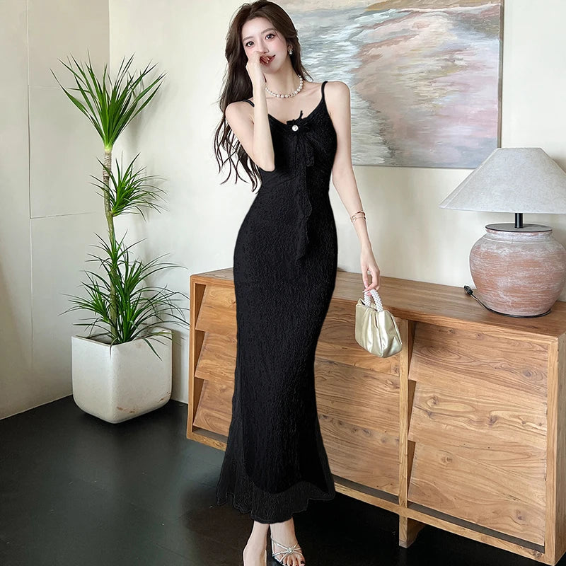 Lunivop  White Lace Jacquard Chic Bow Sling Sexy Long Dress Women Luxury Dacne Party Dress Summer Korean Fashion Bodycon Night Dress