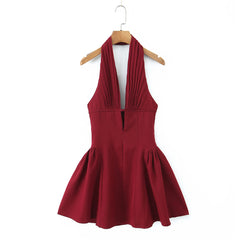 Lunivop  Sexy Dark Red Pleated Ruched Halter Dress Women Deep V neck Slim Low Waist Swing Ball Gown Short Dresses Robe Vestidos