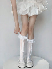 Lunivop  1 Pair Japanese Style Lolita Lace Trim Knee High Socks, Thin Leg Warmers For Women, Bowknot Lace Hollow Heart Leg Warmers, Elega