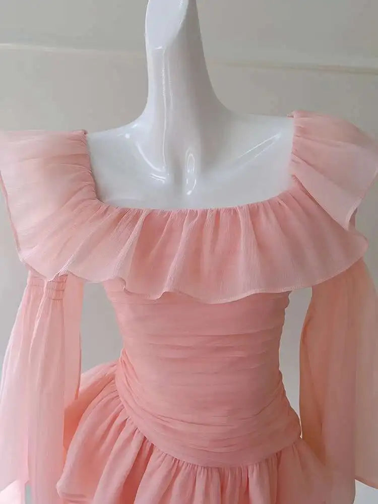 Lunivop Solid Ruffled Design Women's Dresses Slash Collar High Waist Long Sleeve Elegant Dress Female Autumn 2025 New