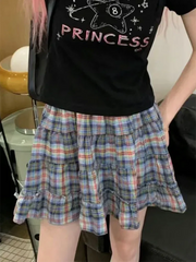 Lunivop Vintage Plaid Skirts Women Japan High Waist Ruffles Mini Skirt Casual Preppy Style Loose Female Retro Harajuku A Line Skirt