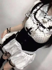 Lunivop  Kawaii Sweet Suit Hot Girls Polka Dot Top Black Belt Casual Bud Mini Skirt Sweet Cool Set Woman