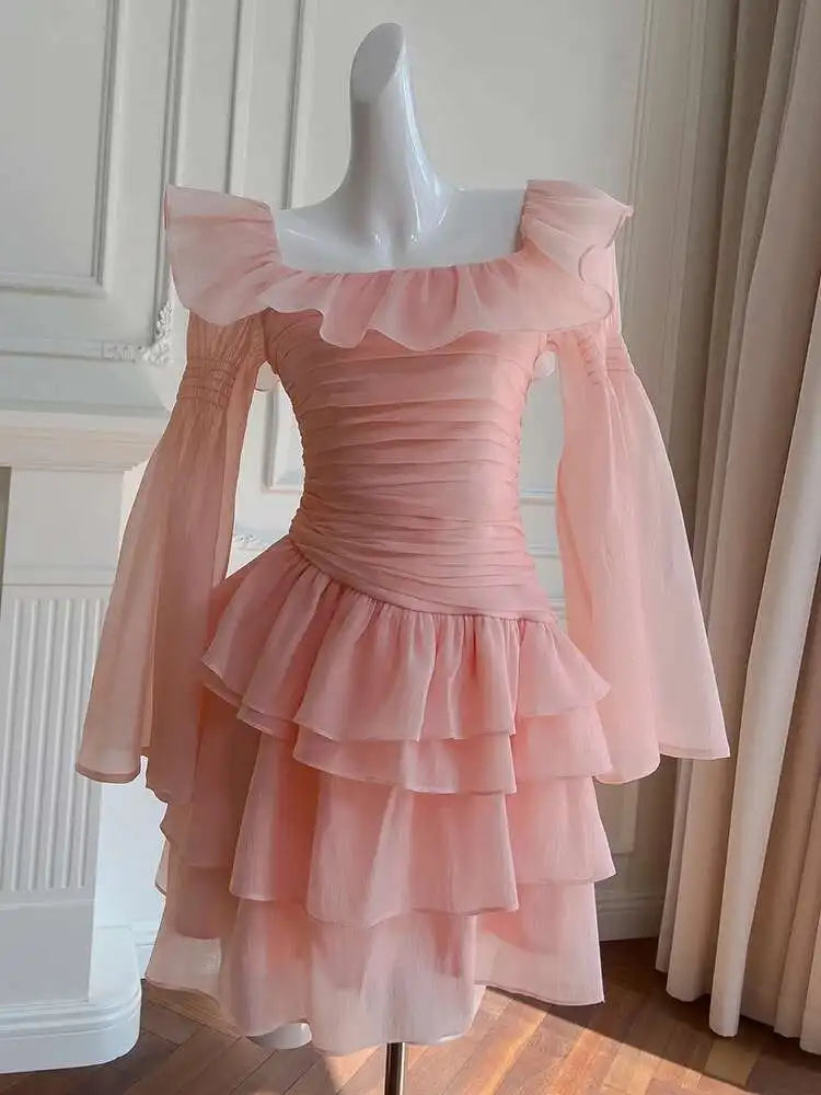 Lunivop Solid Ruffled Design Women's Dresses Slash Collar High Waist Long Sleeve Elegant Dress Female Autumn 2025 New