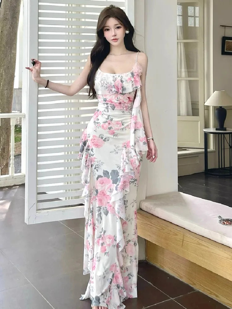 Lunivop  Women Dresses Sleeveless Slash Neck Gradient Floral Printed Mesh Patchwork Slim Vintage Elegant Party Dress Ladies