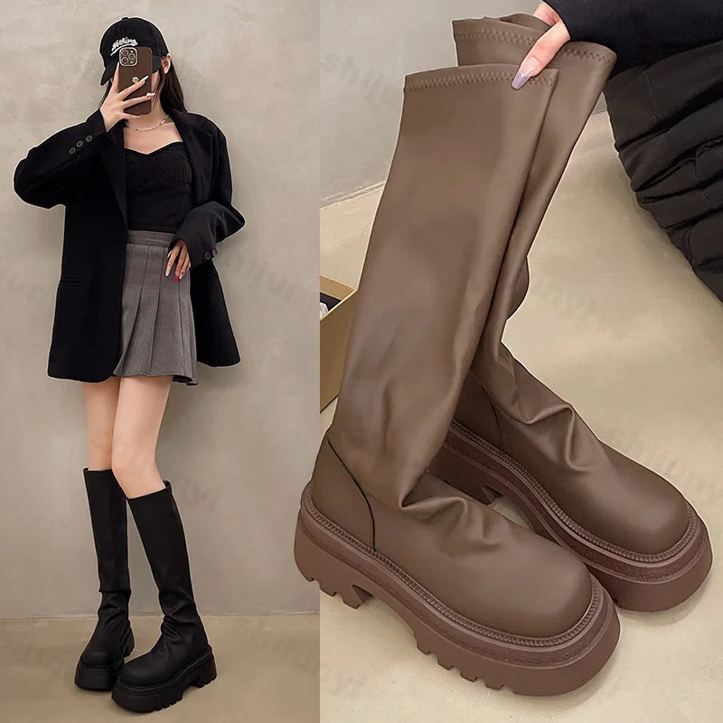 Lunivop Women's Platform Knee High Boots New 2025 Fashion Soft Leather Boots Winter Motorcycle Boots Slip-on Chunky Knight Long Booties