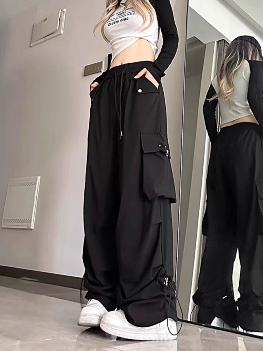 Lunivop American style large pocket cargo pants women's spring summer new style wide leg pants loose slimming casual sports pants