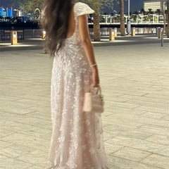 Lunivop  Elegant Lace Appliqued Prom Dress Customized Square Neck Short Sleeves A Line Shining Evening Gowns Floor Length Prom Gowns