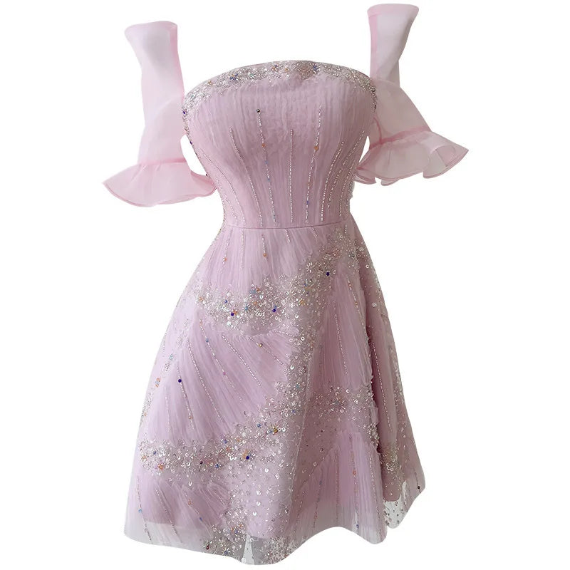 Lunivop  Fashion Sequin Casual Dress Women's Slash Neck Short Sleeve Waist Retraction Dresses 2025 Summer New Tide