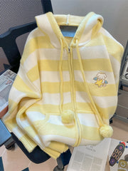 Lunivop Cartoon Striped Hooded Cardigan Women Loose Cute Long Sleeve Sweet Knitted Sweater Preppy Style Female Kawaii Vintage Tops