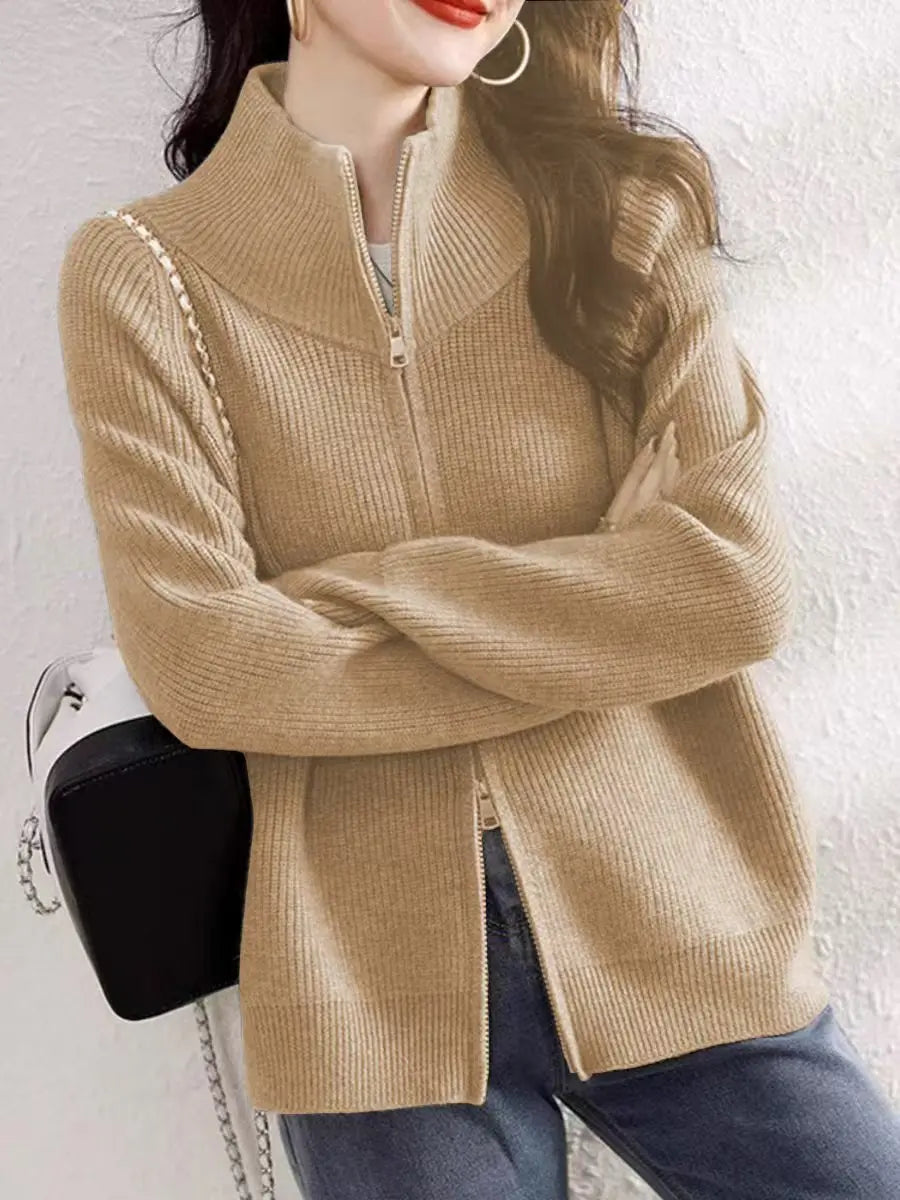 Lunivop Women's Zip Up Sweater Cardigan Cozy Knit Stand Collar Zipper Front Plain Sweater Jacket Female Korean Chic Fall Winter Outfit