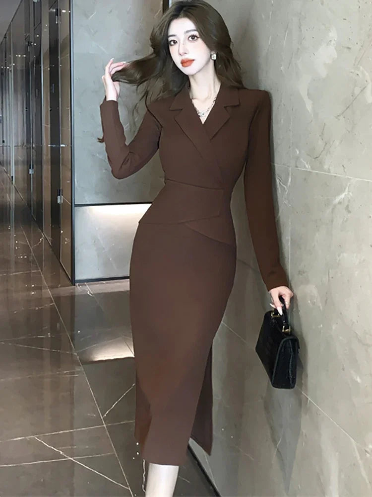 Lunivop  Black Long Sleeve Bodycon Office Lady Dress Autumn Winter Solid Patchowrk Fake Two Piece Dress Korean Elegant Women's Dress
