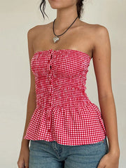 Lunivop  Y2k Red Gingham Crop Top Womean Sexy Strapless Ruffle Hem Sleeveless Button Cami Coquette Aesthetic Plaid Print Crop Top Summer