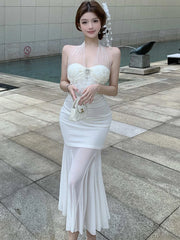 Lunivop  Summer White Mesh Patchwork Ruffled Mermaid Dress Women Elegant Diamonds Neck-mounted Sexy Dress 2025 Korean Luxury Party Dress