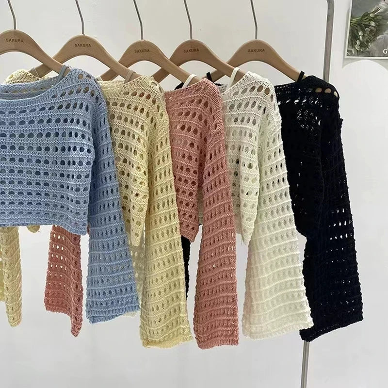 Lunivop Long Sleeve Crochet Knit Top Summer Beach Bikini Cover Up Crop Pullover Wool Knitwear Blouse Women Vacation Boho Outfit