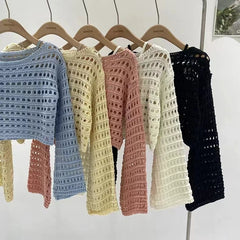 Lunivop Long Sleeve Crochet Knit Top Summer Beach Bikini Cover Up Crop Pullover Wool Knitwear Blouse Women Vacation Boho Outfit