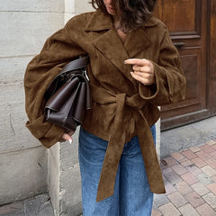 Lunivop  BKLD Fashion Autumn Women's Suede Coat Long Sleeve Belted Ruched Double-breasted Lapel Retro Suit Jackets Casual Streetwear