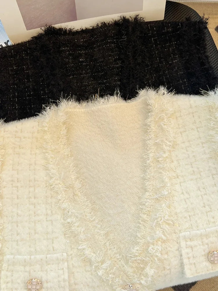 Lunivop Glittery Knit Ves for Women Soft Fuzzy Button-Down Pocket Sleeveless Plaid Jacket Coat Fall Winter Luxury Outfit