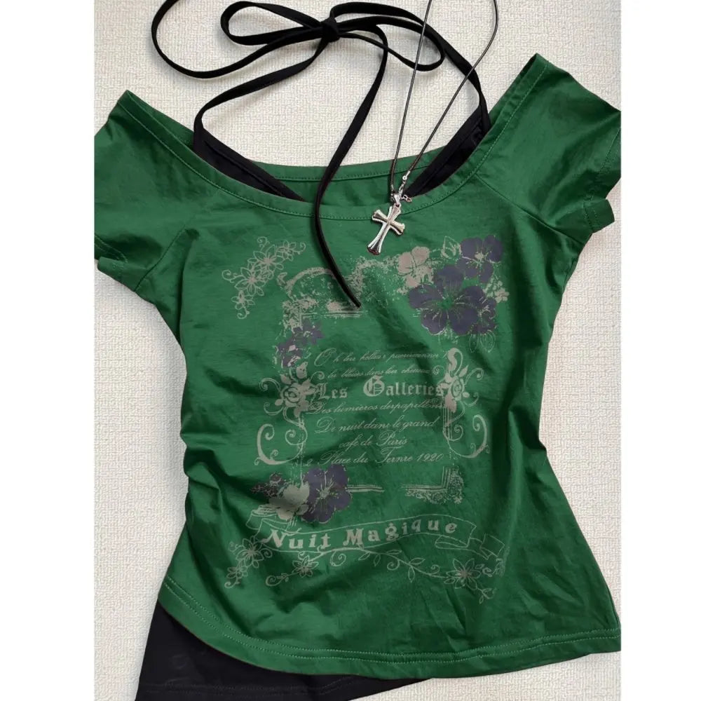 Lunivop Y2k Millenial Retro Halter T-Shirt Fake Two Retro Letter Flower Print Sexy Slim Top Fake Two Design Sense Top Women
