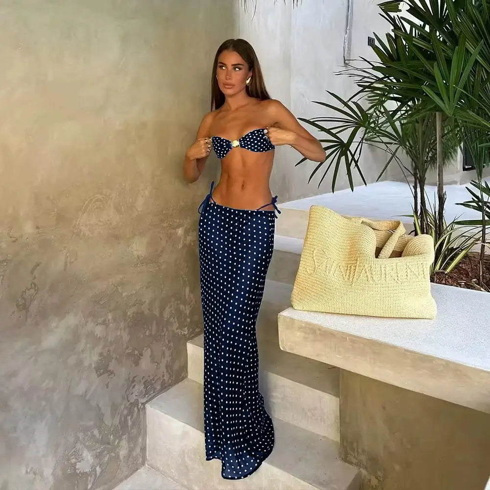 Lunivop   Black Dot 3 Piece Sexy Bikini Women Swimsuits Female Bandeau Biquini Push Up Swimwear Bathing Suit Long Skirt Cover Up