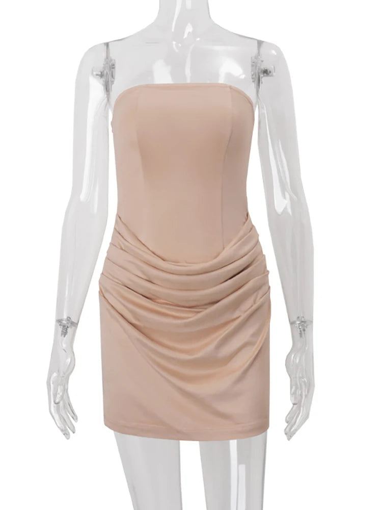 Lunivop Sexy Strapless Ruched Women Mini Dress Khaki Backless High Waist Dress Female Autumn Skinny Elegant Party Clubwear