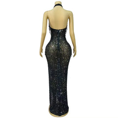Lunivop  Blue Red Black Rhinestones Crystals Chain Heavy Luxury Gowns Sexy V-neck Backless Dress Women Party Show Photoshoot Stage Wear