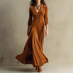 Lunivop  Velvet Maxi Dress Women Vintage Fashion Notched Collar 3/4 Sleeve Single Breasted Empire Waist Fit Flare Party Long Robe Vestido