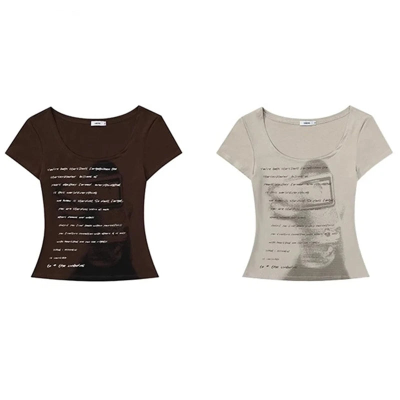 Lunivop Summer Women Retro Sweet Spicy Skinny Tops Lady Bean Green Casual T-Shirts Girls Letter Portrait Print Short Sleeve Clothes