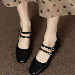 Lunivop Spring Women Double Buckle Mary Janes Shoes Patent Leather Dress Square Head Thick Heel Solid Color Pumps Women Shoes