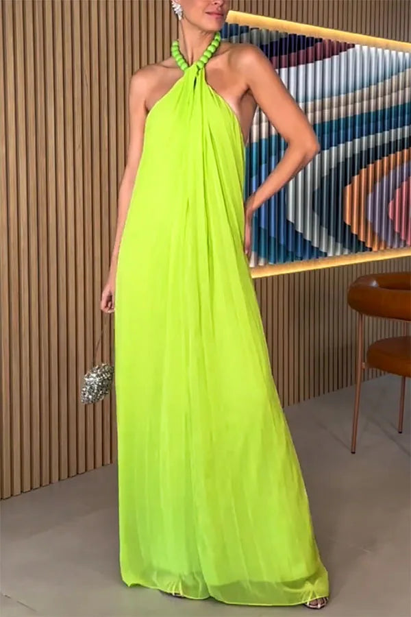 Lunivop  Spring Summer New Chiffon Pleated Halter Neck Dress Y2k Clothes Women Casual Loose Vacation Outfits Long Dresses