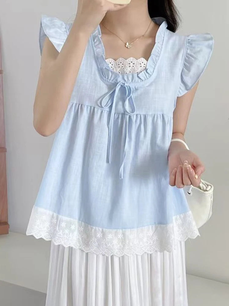 Lunivop  Sweet Lace Patchwork Tanks Women Loose Flying Sleeve Elegant Tanks Tops Vintage Casual Female Korean Summer Retro Tops New