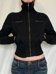 Lunivop Korean Street Style Black Zip Up Turtleneck Slim Long Sleeve Bomber Jackets For Women 2024 Autumn New Fashion Gothic Outwears