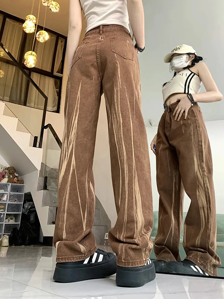 Lunivop  Tie Dye Retro Brown Jeans Women High Waist Streetwear Y2K Denim Pants American Loose Casual Lady Vintage Harajuku Trousers