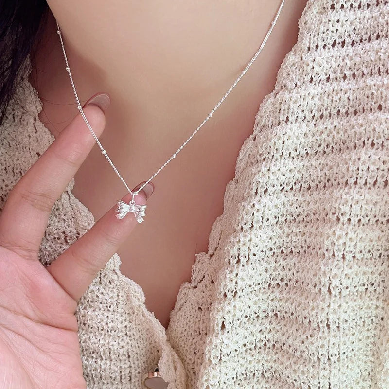 Lunivop New Trendy Silver Color Bow Pendant Necklace For Woman Simple Metal Bow Ribbon Clavicle Chain Necklace Party Jewelry Gifts