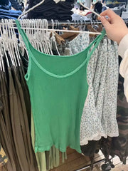 Lunivop  Women's Green Slim Camisole Streetwear Casual Simple Lace Trim Cotton Ribbed Sleeveless Vest Vintage Chic Preppy Style Tank Tops