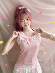 Lunivop  Pink Crop Top Women Summer Y2k Tops Lace Bows Decoration Cute Camis for Sweet Girls Lolita Style Kawaii Clothes