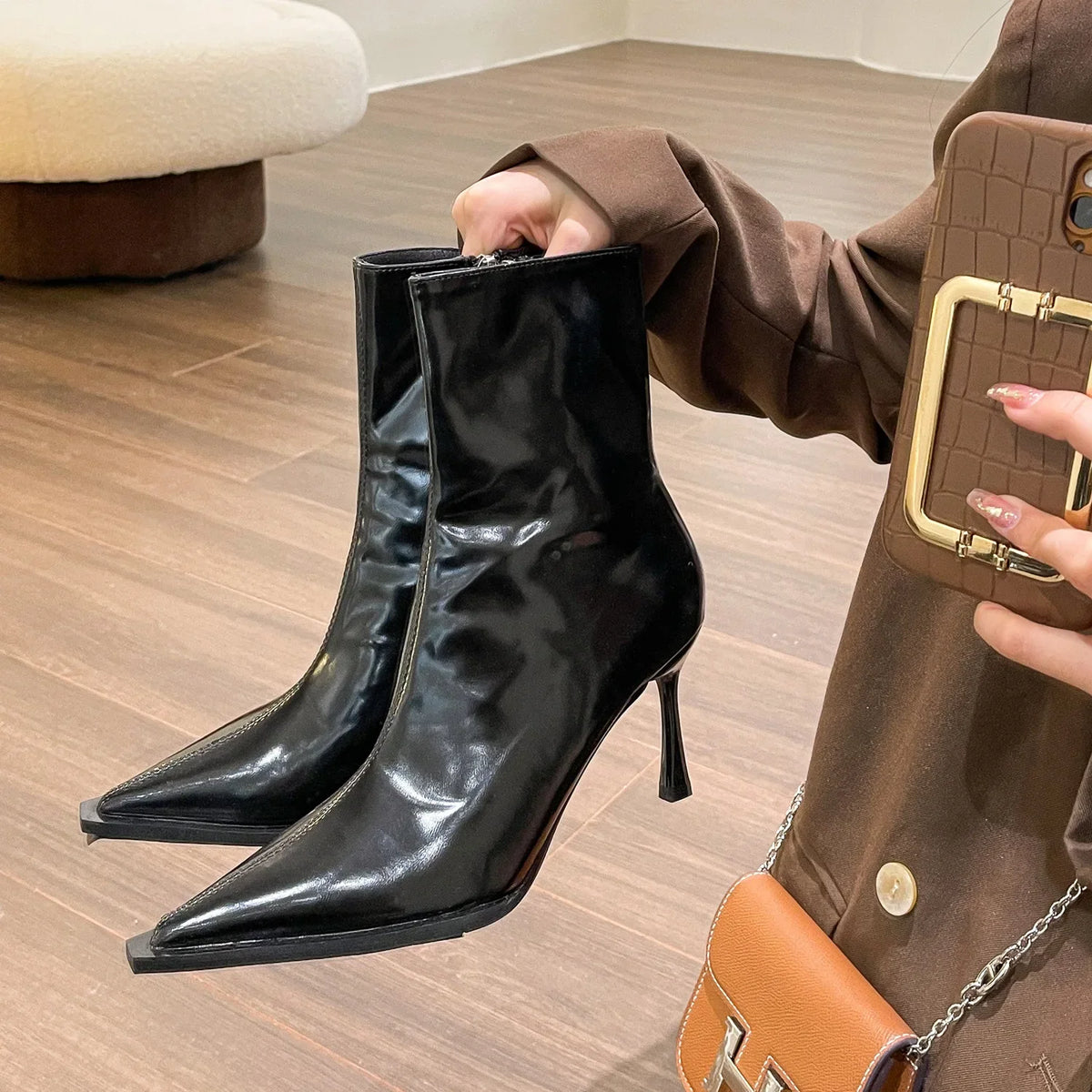 Lunivop Women Thin High Heels Short Boots New Fashion Pointed Ankle Boots Ladies Autumn Winter Leather Side Zipper Sexy Party Pumps