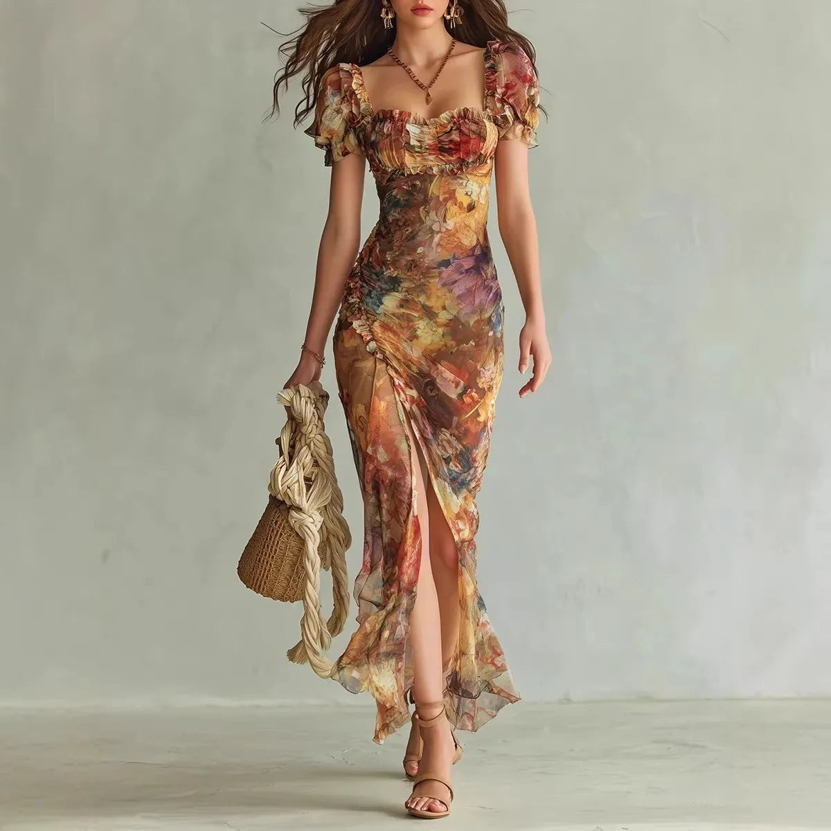 Lunivop  Floral Maxi Dress Woman Sexy Square Collar Ruched Split Bodycon Long Dress New Summer Puff Sleeve Ruffle Party Dress