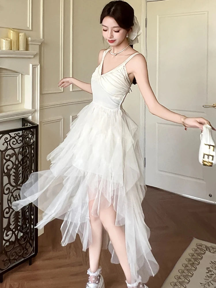 Lunivop  New White Elegant Lace Sling Sexy Dress Summer Fashion Patchwork Ruffled Luxury Dress Women Korean Elegant Birthday Dresses