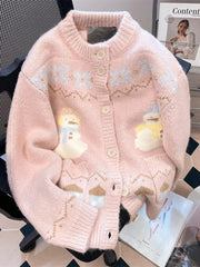 Lunivop Cute Snowmen Pink Cardigan Sweater Women Vintage Sweet Print Loose Knitted Coat Japan Fall Winter Kawaii Female O Neck Tops