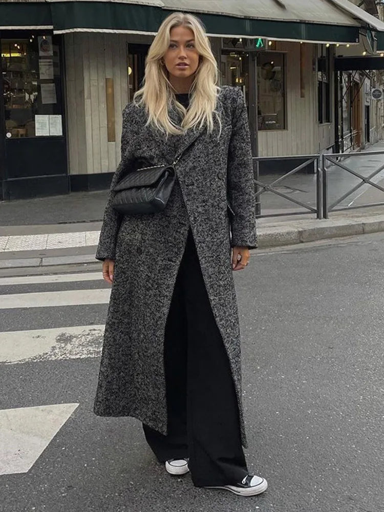 Lunivop Elegant Turn-down Collar Woolen Long Coats Women Casual Loose Dark Grey Double Breasted Straight Coat Female Autumn Winter Tops